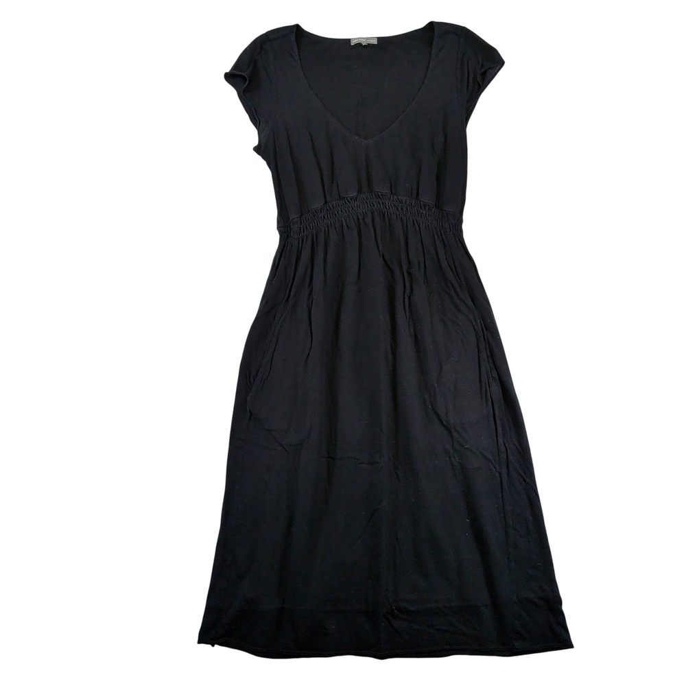 James Perse Black Cotton Cap Sleeve Smocked Waist Midi Dress Size 3 Large Casual